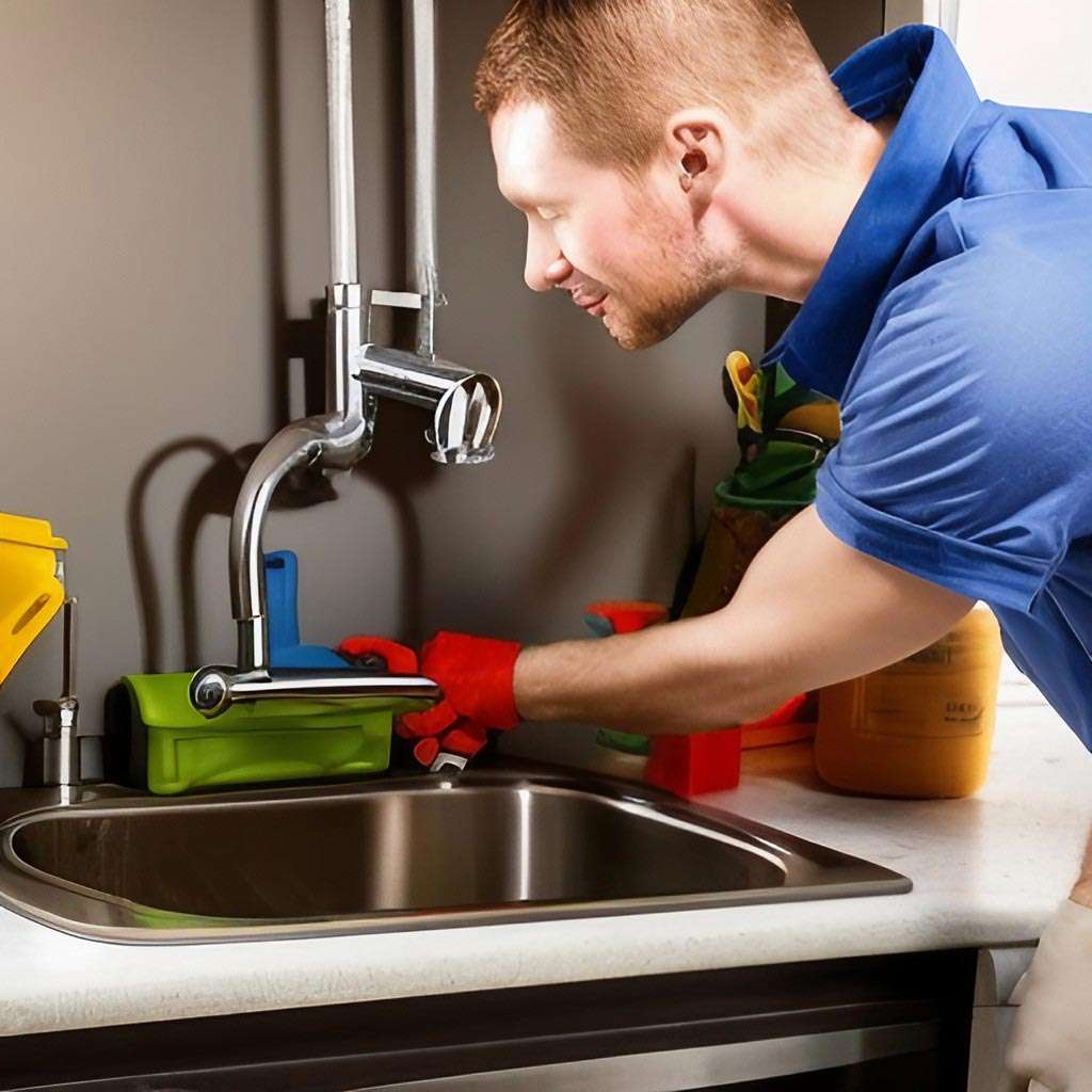 plumber in a bathroom fixing a faucet